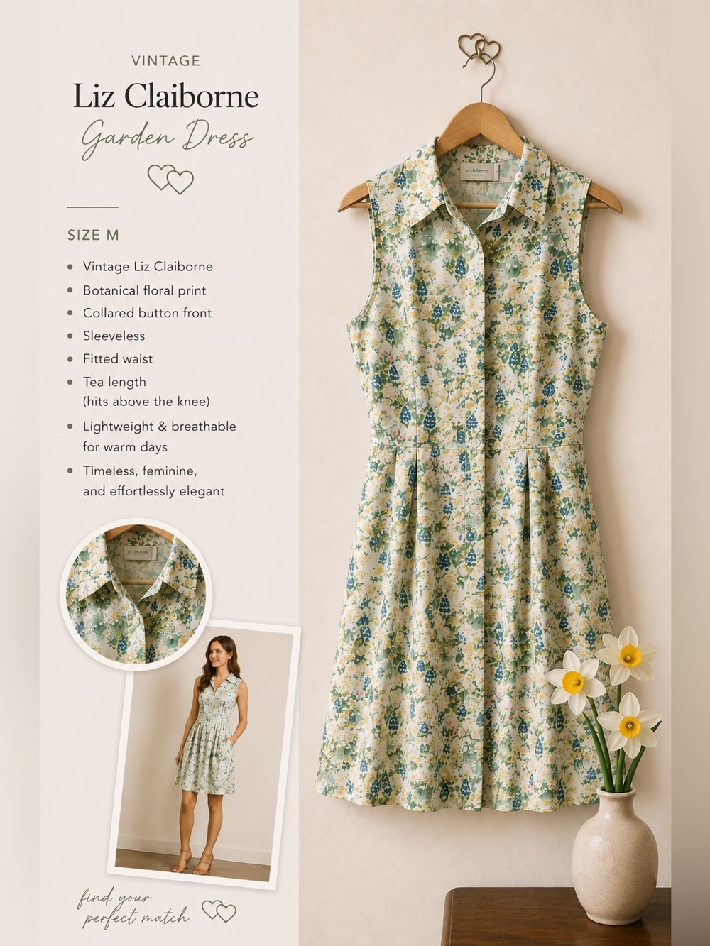 Liz Claiborne Sleeveless Floral Midi Dress in Cream, Green & Blue